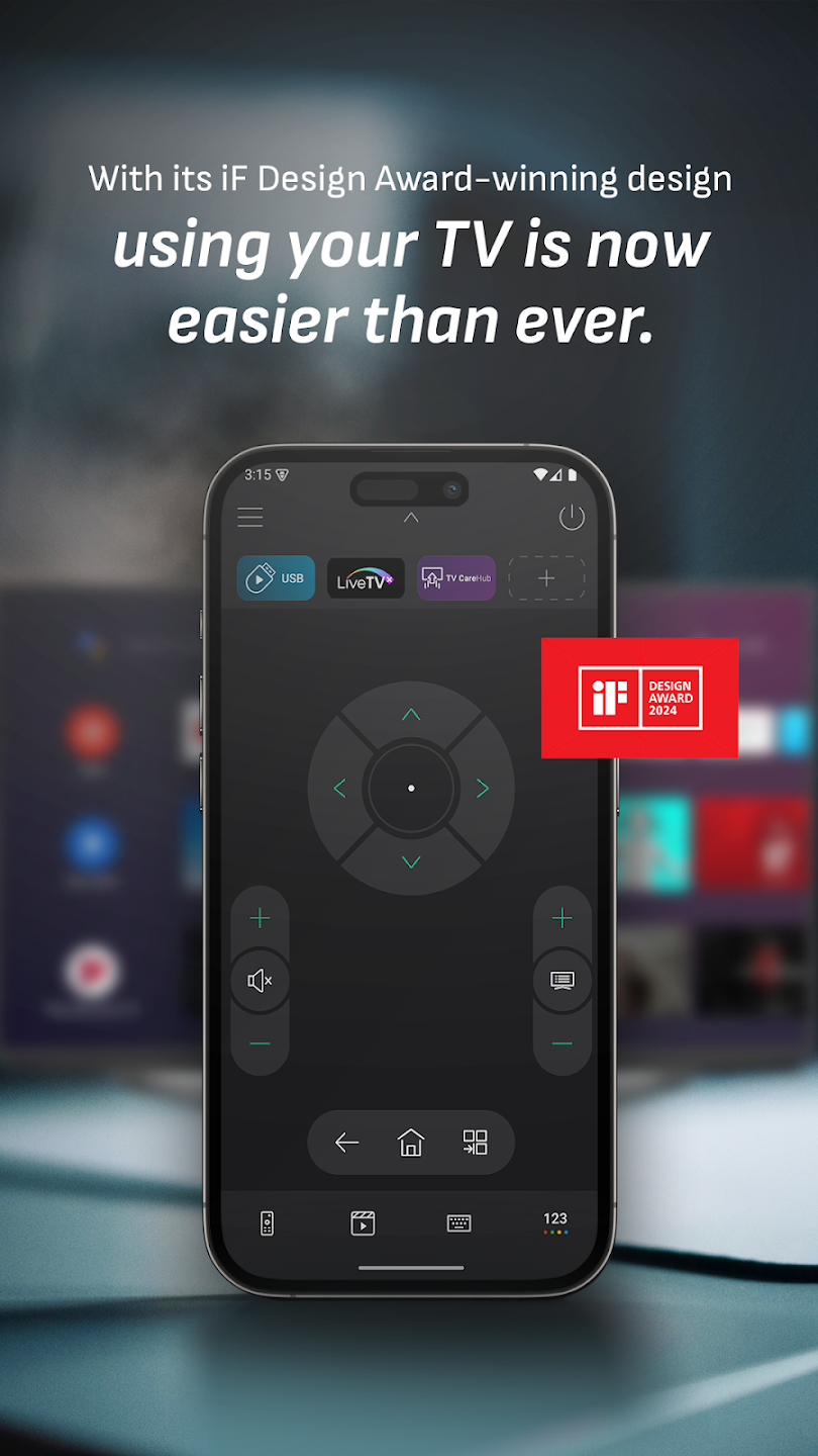 Remoteasy remote control screen with D-pad, volume and channel controls, and the iF Design Award 2024 badge