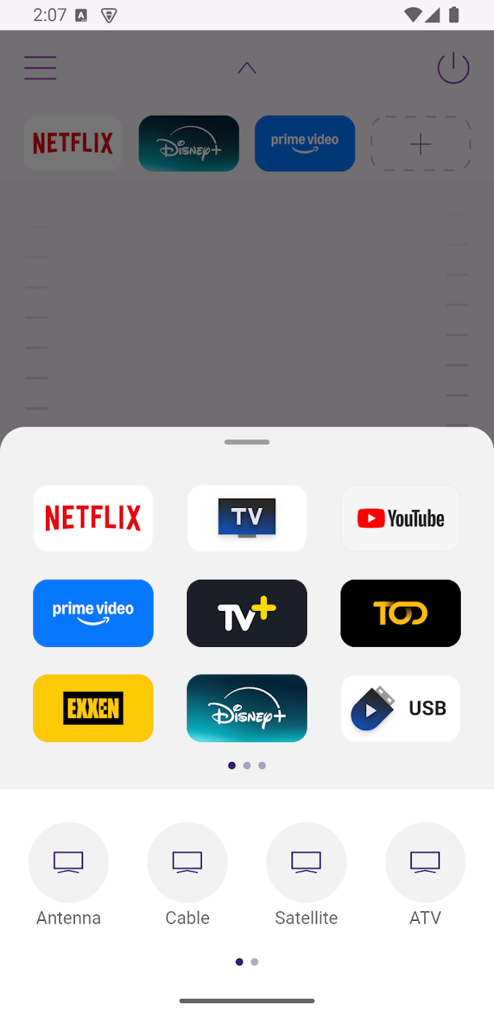 App launcher sheet for opening Netflix, YouTube, Prime Video, Disney+ and other TV apps, plus antenna, cable and satellite sources