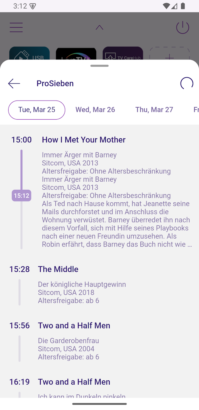 Live TV programme guide showing a channel's daily schedule with programme details